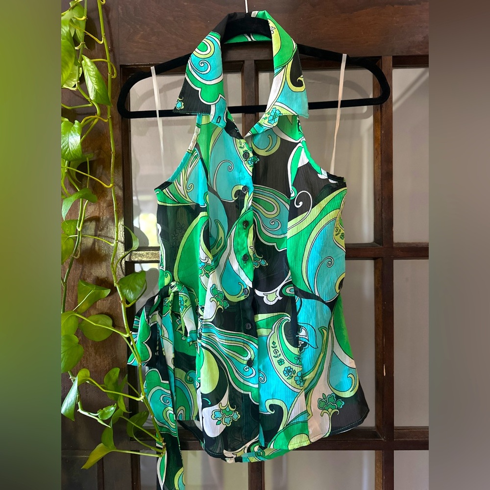 Vintage Y2K Halo Green Paisley Halter Top